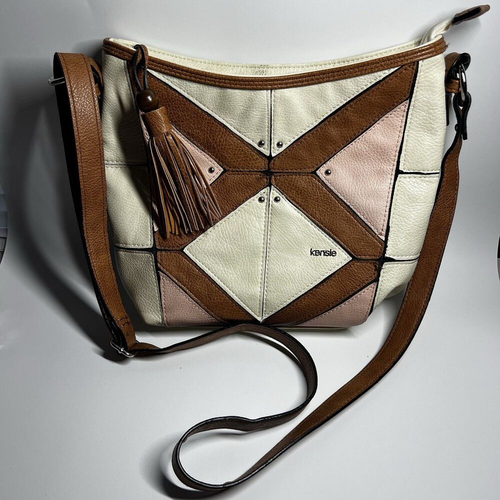 Kensie Geometric Patchwork Crossbody Bag Purse White Brown Pink Vinyl Hobo Studs